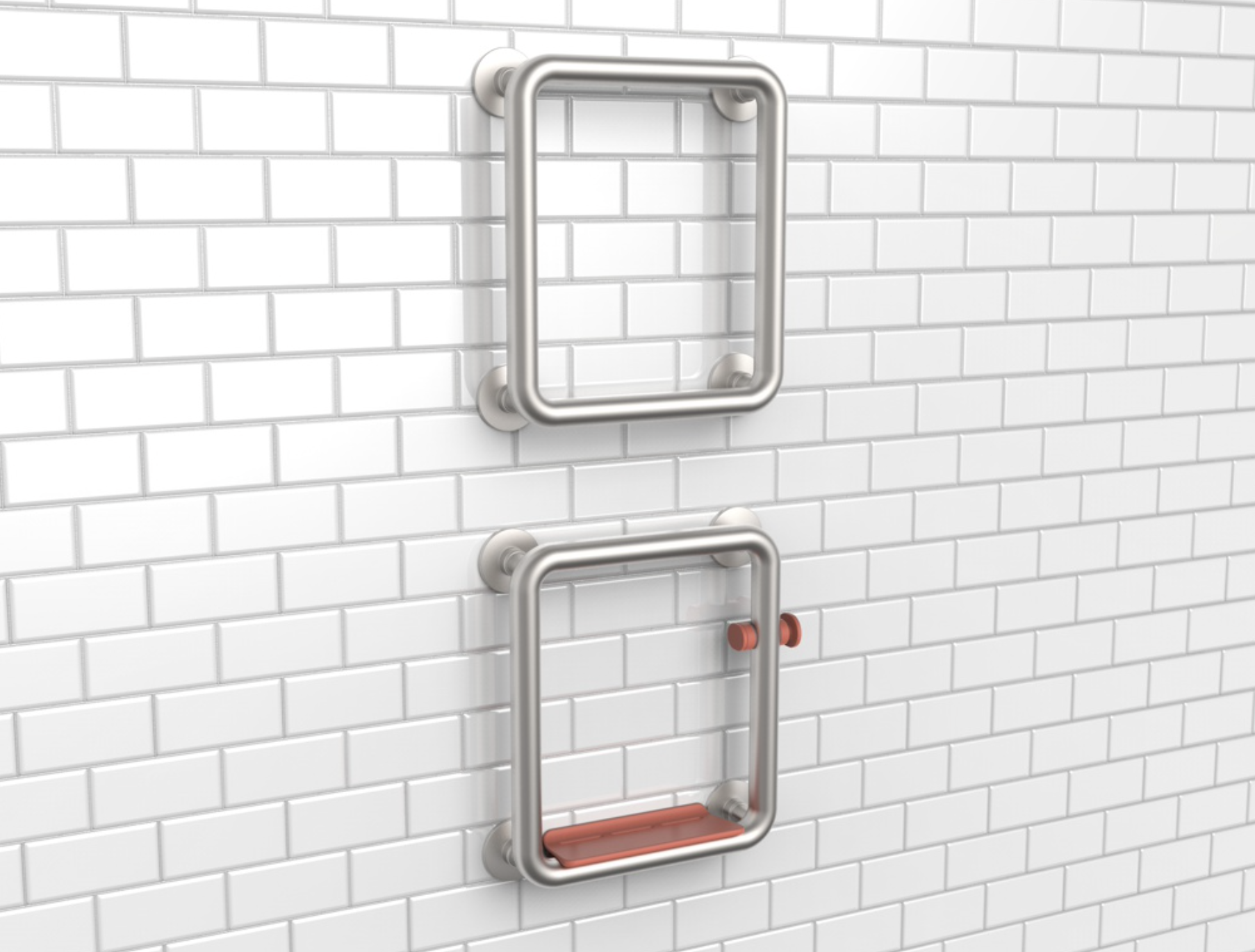 Shower Bars A set of stick-on, square shower bars on a tiled wall. One bar has a shelf and shower head holder.