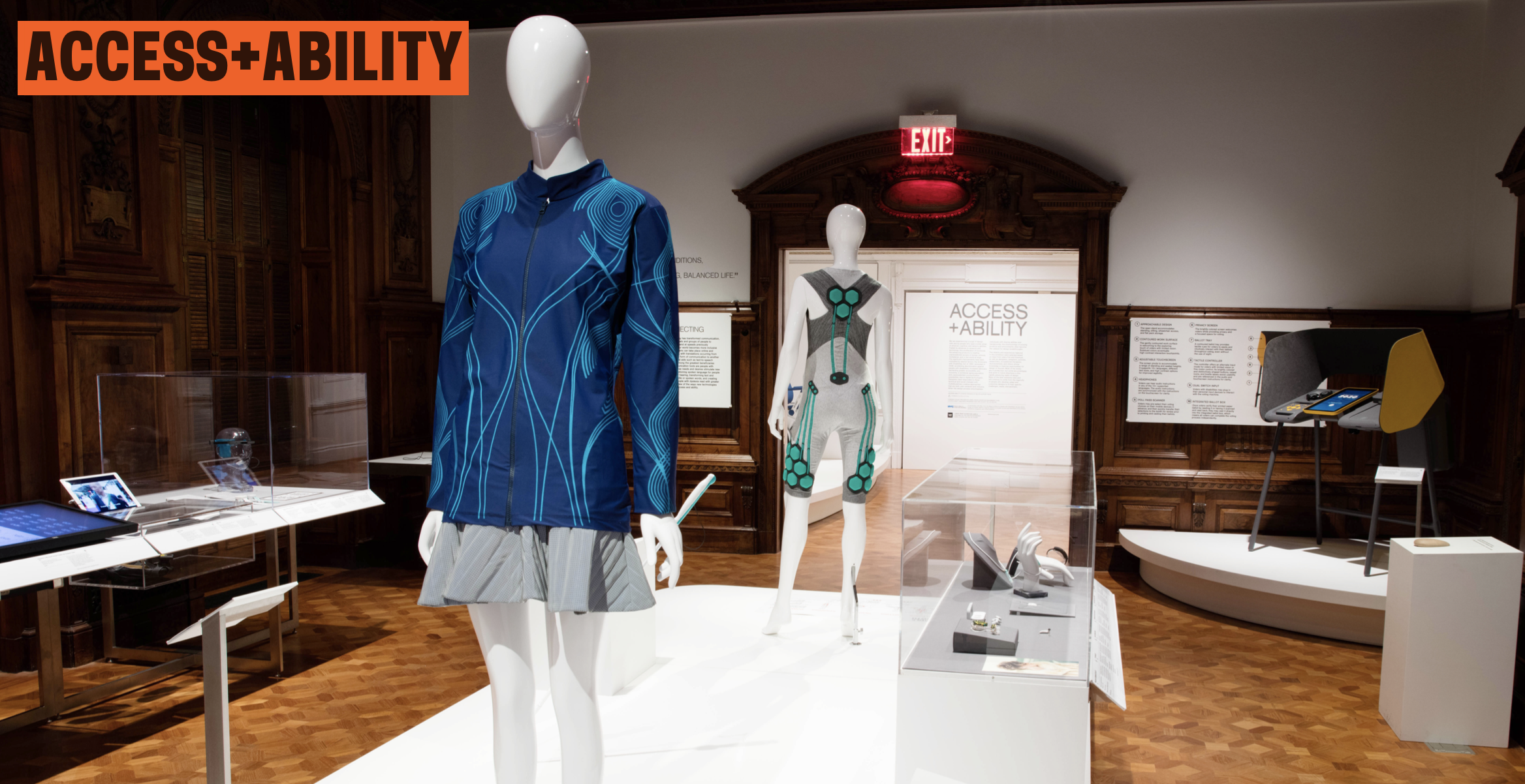 Access + Ability Exhibit The center of a room with different accessibly technologies from the exhibit displayed.